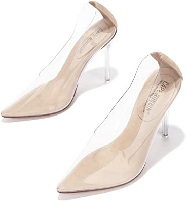 Cape Robbin Glass Doll Sheer Stiletto Ladies Slip-On Sexy Toe, Beige, 7.5